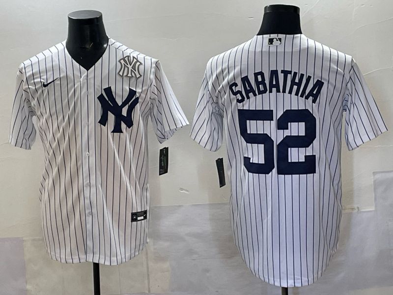 Men New York Yankees #52 Sabathia White Stripe Nike MLB 2025 Jersey 09